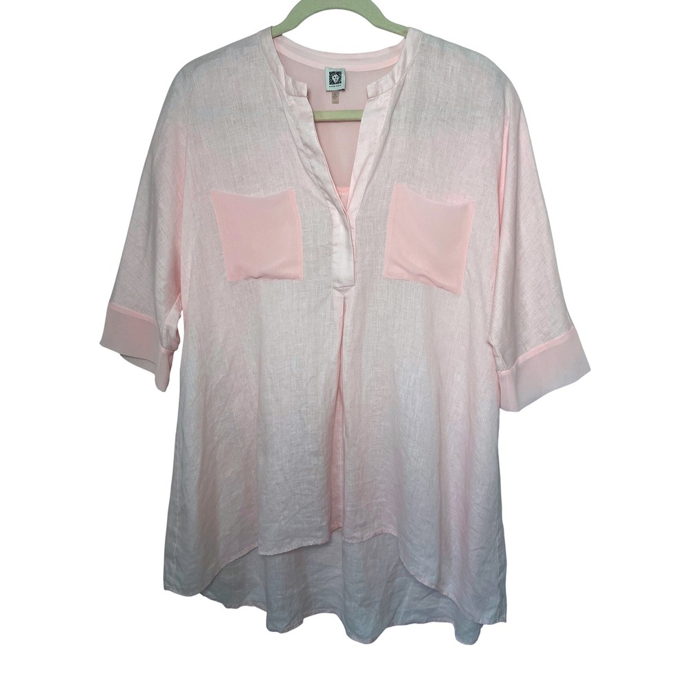 Anne Klein Pink Linen Mixed Media Tunic Blouse Top Plus Size 2X Lagenlook Breeze